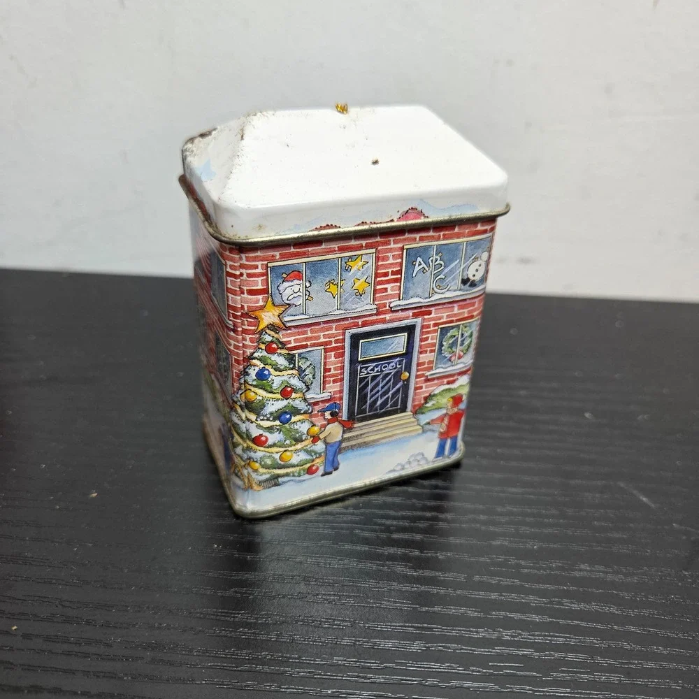 Vintage Christmas Schoolhouse Metal Tin Decorative Holiday Storage Container